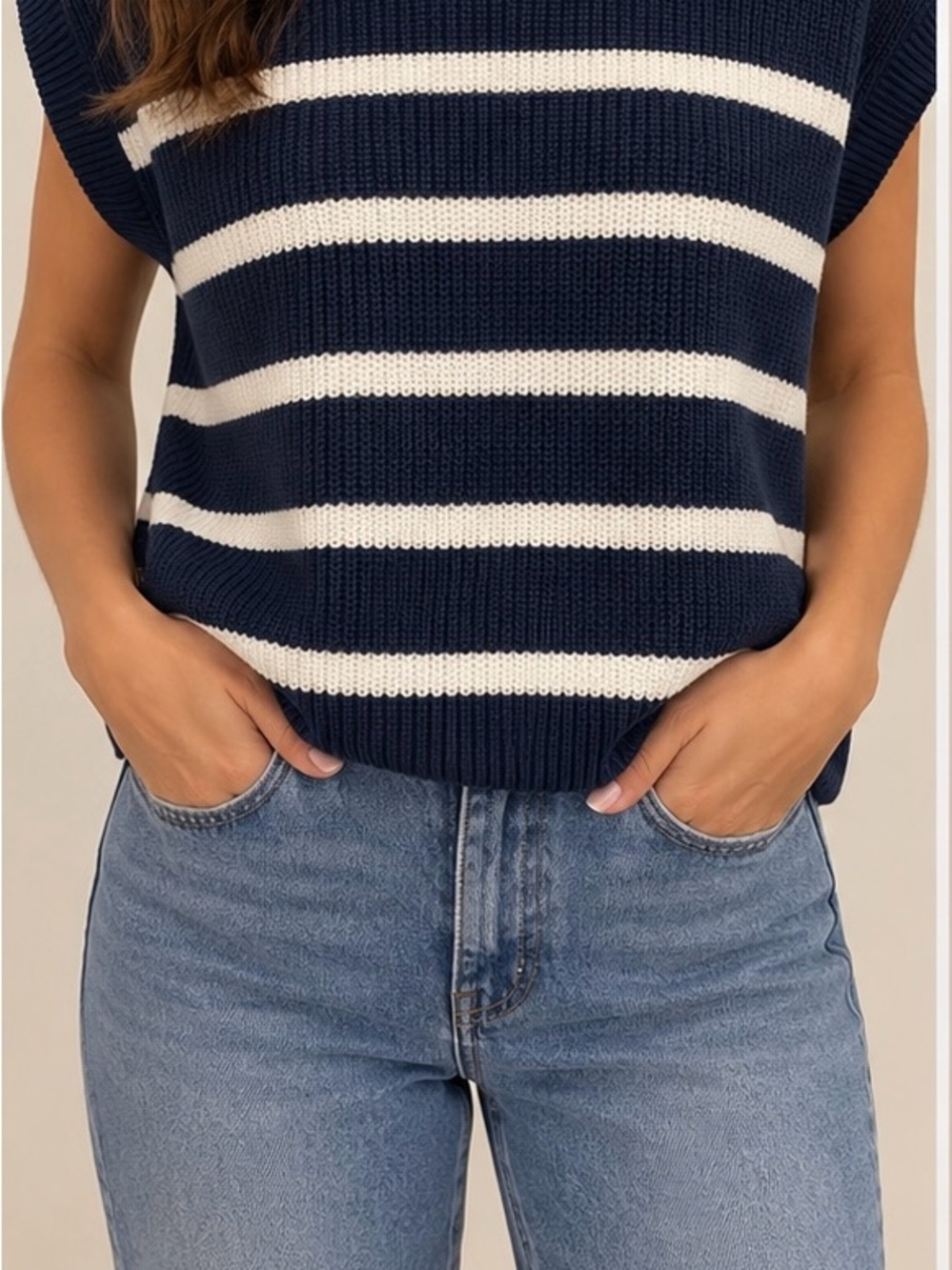 moon & madison Navy and White Striped Sleeveless Crew Sweater